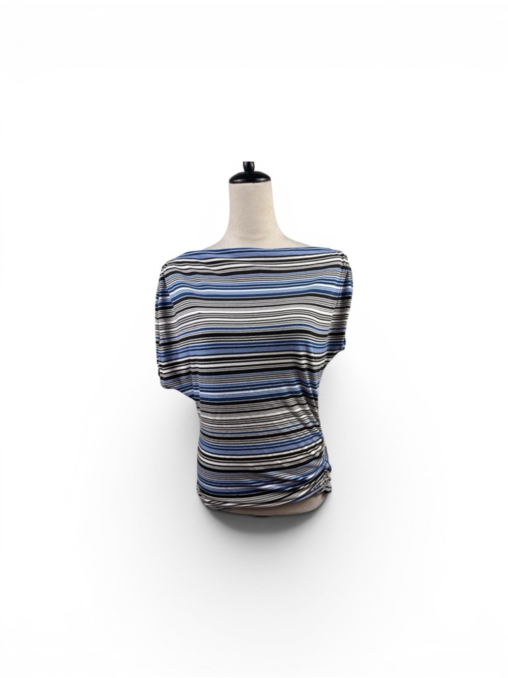 White House Black Market Blue, Black and White Striped Boatneck Top